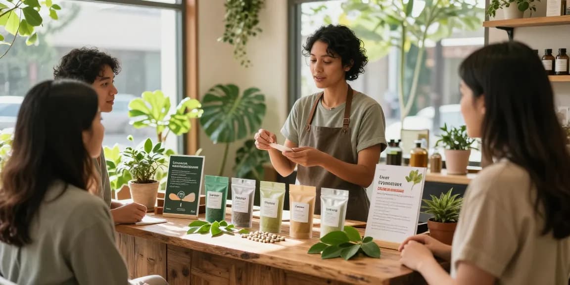 Discover potent trainwreck kratom benefits in a vibrant herbal shop with customers exploring products and engaging with a knowledgeable vendor.