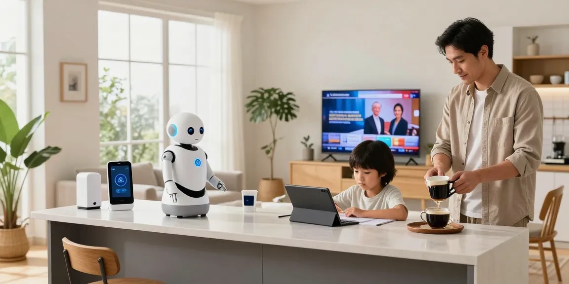Family interacting with a home robot 2026 in a modern living room, showcasing tech integration in daily life.
