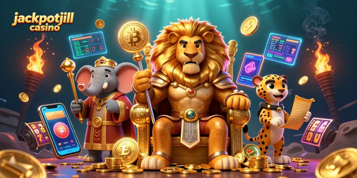 Engage with jackpotjill casino through vibrant 3D illustration featuring royalty and excitement.