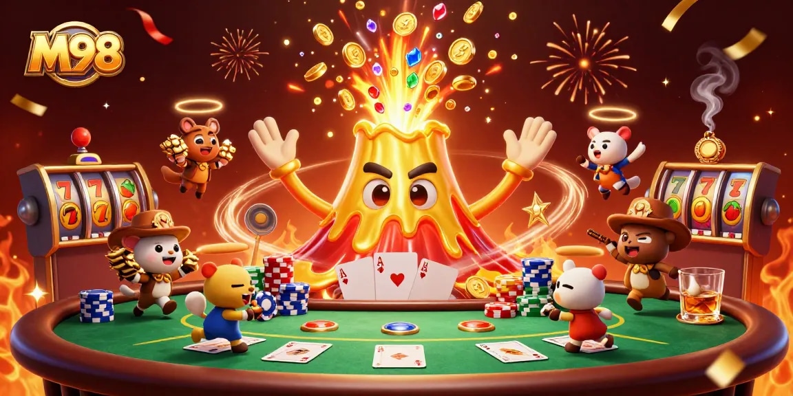 M98 players experiencing jackpot excitement surrounded by golden treasures and poker chips