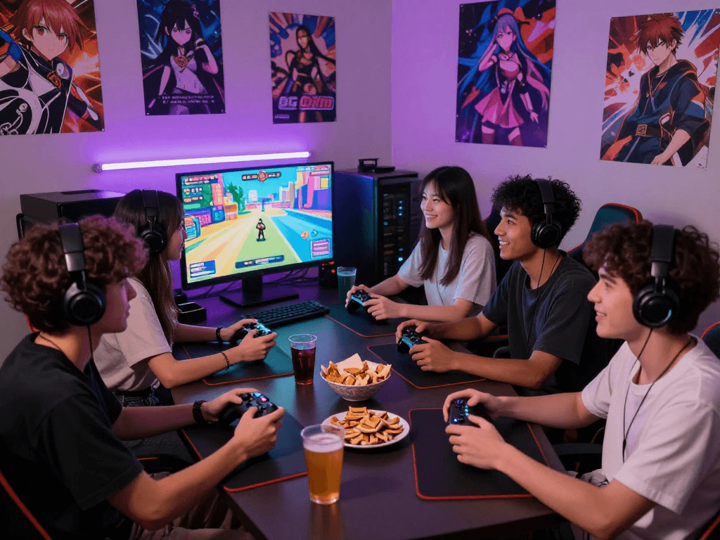 Engaging group playing a hentai game in a lively gaming room.