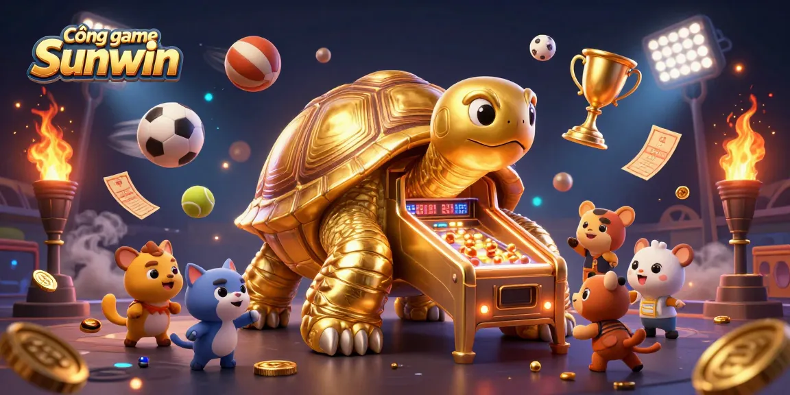 Cổng game Sunwin offers dynamic gaming excitement with a colossal golden tortoise as a pinball machine and sports balls flying in a vibrant casino atmosphere.