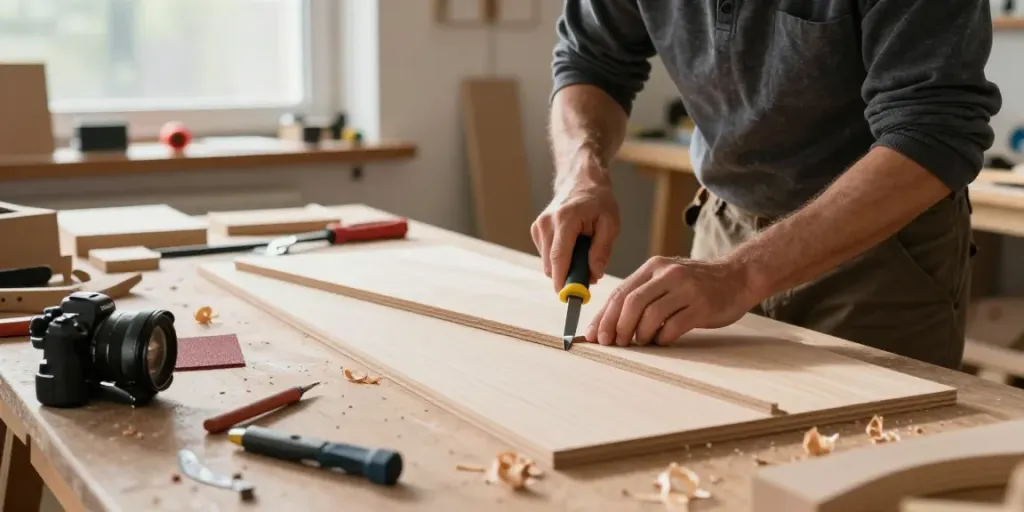 Craftsman using a Festool knife for precision cutting in a well-lit workshop.