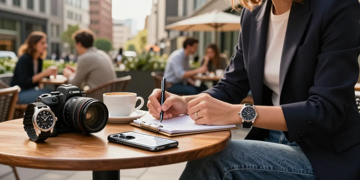 Examining premium super clone watches in a stylish urban café setting.