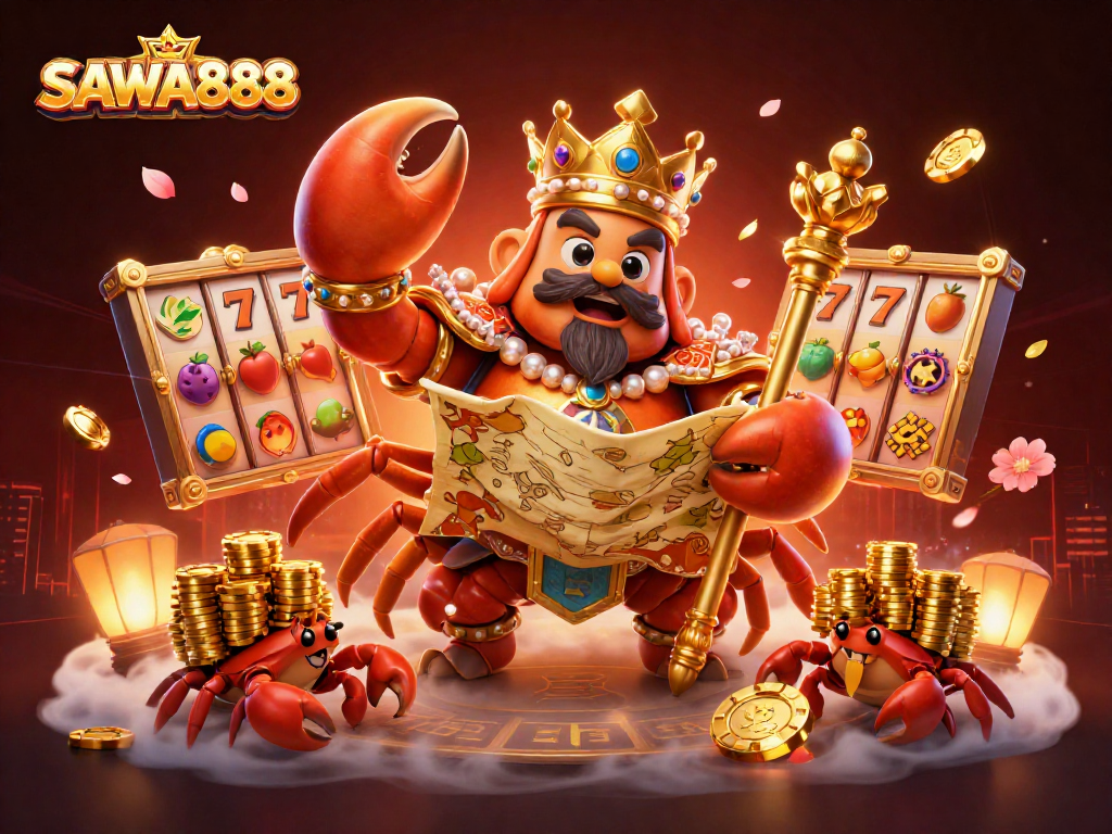 SAWA888 showcases a vibrant 3D scene with a golden crab emperor and slot game elements.