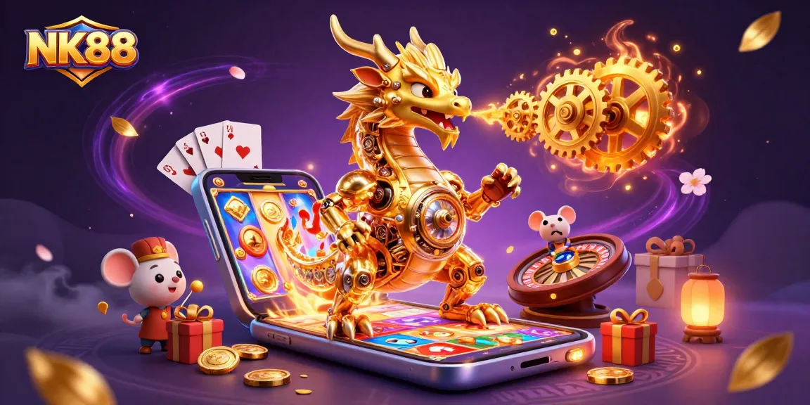 Engage with captivating gameplay at NK88 featuring a golden dragon amidst dynamic casino elements.