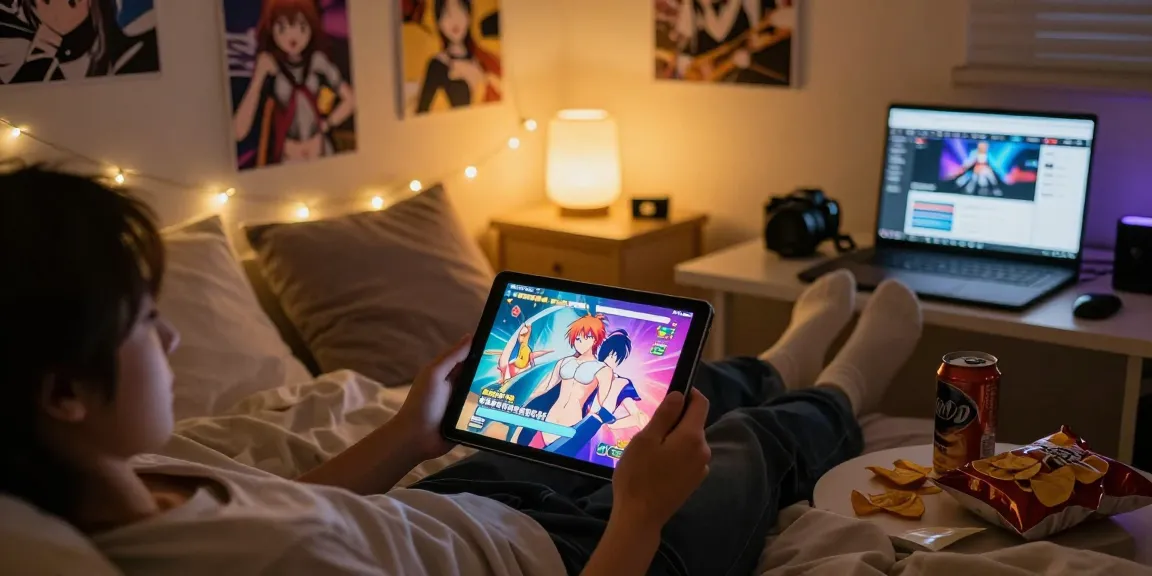 Enjoying a hentai game late at night on a tablet in a cozy bedroom.