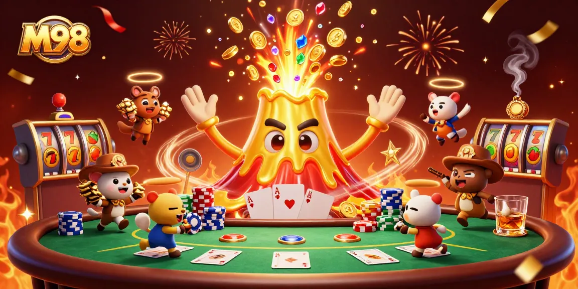 M98 players experiencing jackpot excitement surrounded by golden treasures and poker chips