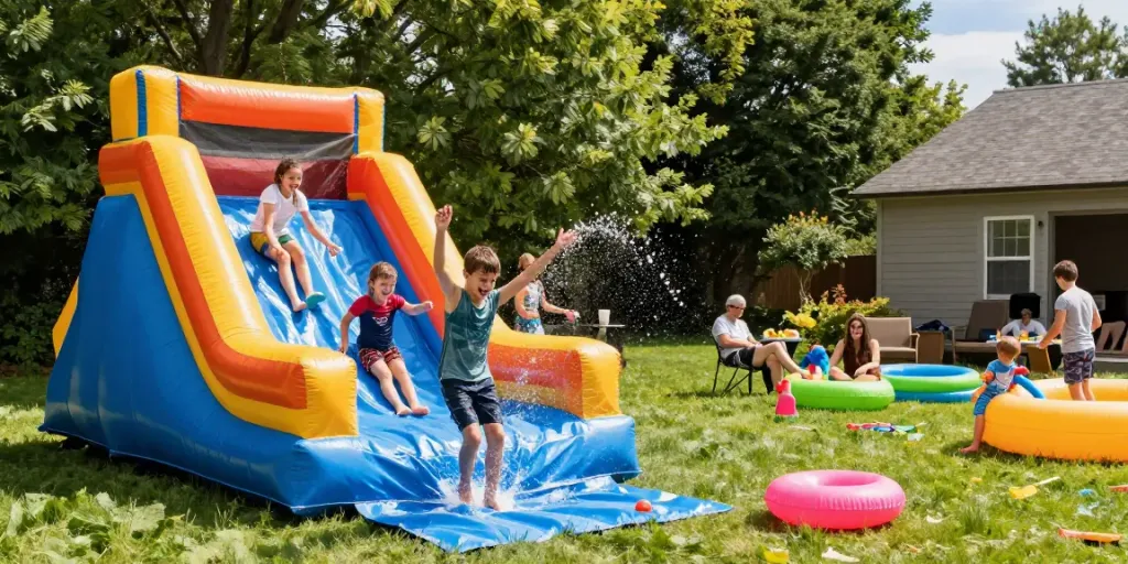 Children enjoying the colourful slip and slide in a sunny backyard, celebrating summer fun with splashes of water.