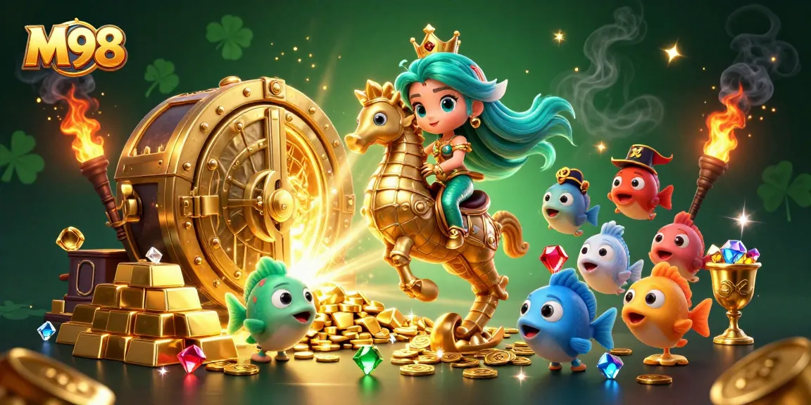 M98 offers an engaging gaming adventure with a mermaid princess riding a seahorse amid treasures.