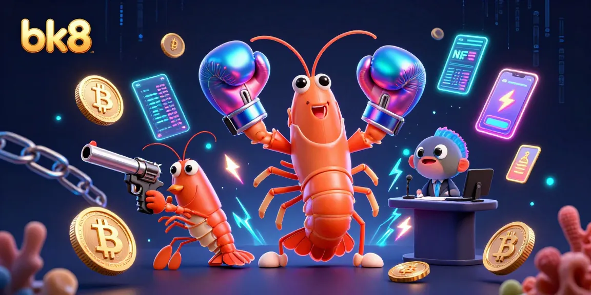 Win big with bk8 as cartoon shrimp boxers showcase vibrant crypto elements in a digital casino!