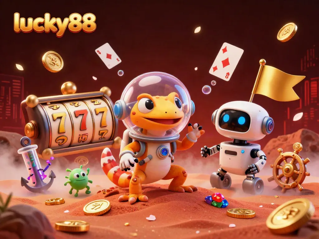 Experience the excitement of lucky88 with this vibrant 3D casino scene featuring slots and treasures.