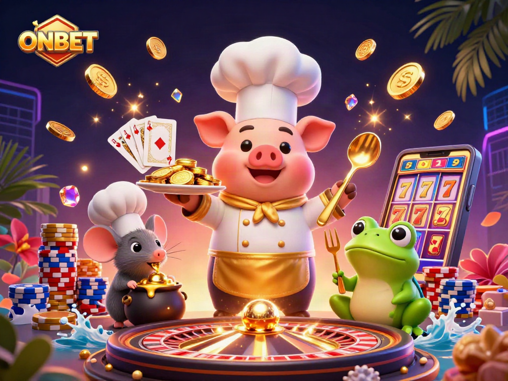 Experience ONBET's vibrant casino scene with animated characters and gold treasures!