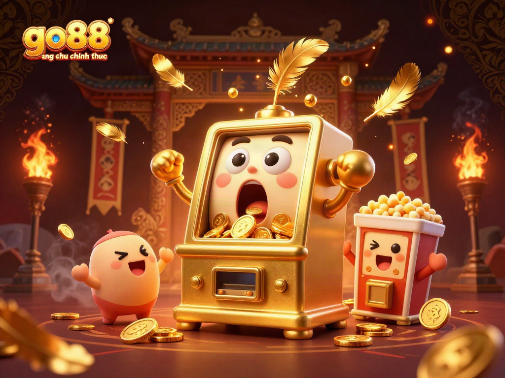 Spin to win at go88 trang chu chinh thuc with a cheerful golden slot machine pouring coins in a vibrant casino