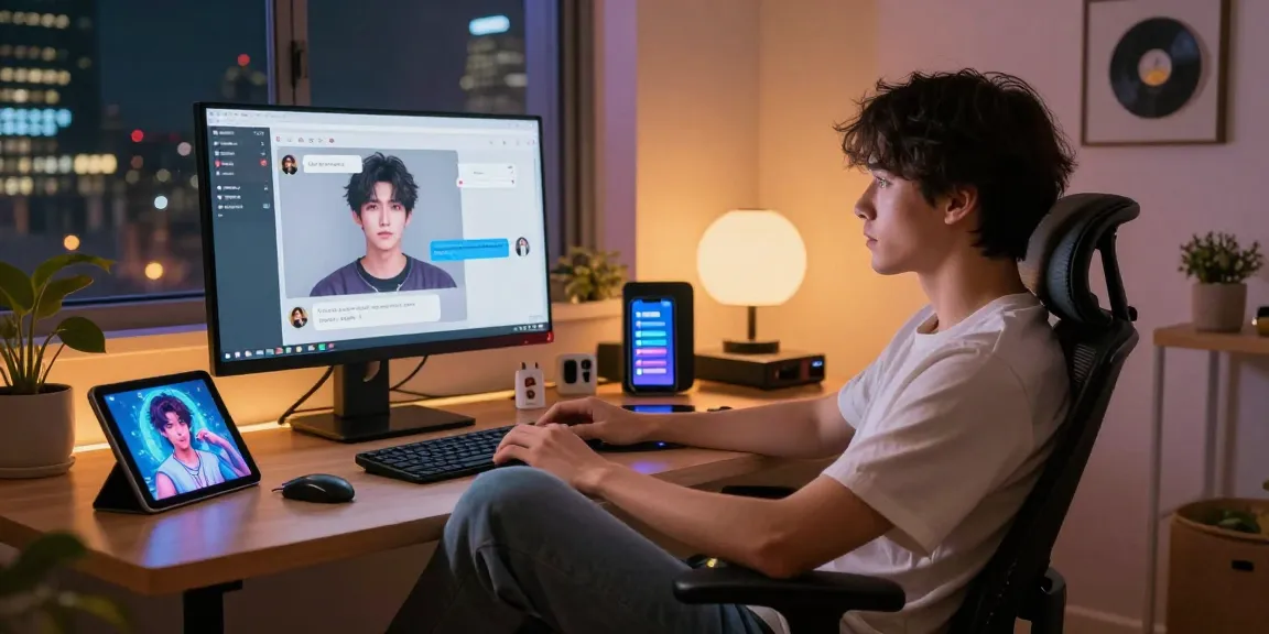 An engaging NSFW AI interaction scene showing a person chatting with a lifelike AI character on a computer screen, set in a cozy virtual dating environment.