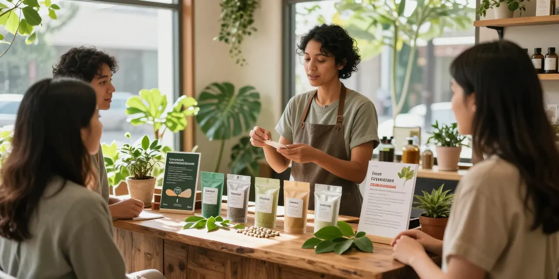 Discover potent trainwreck kratom benefits in a vibrant herbal shop with customers exploring products and engaging with a knowledgeable vendor.