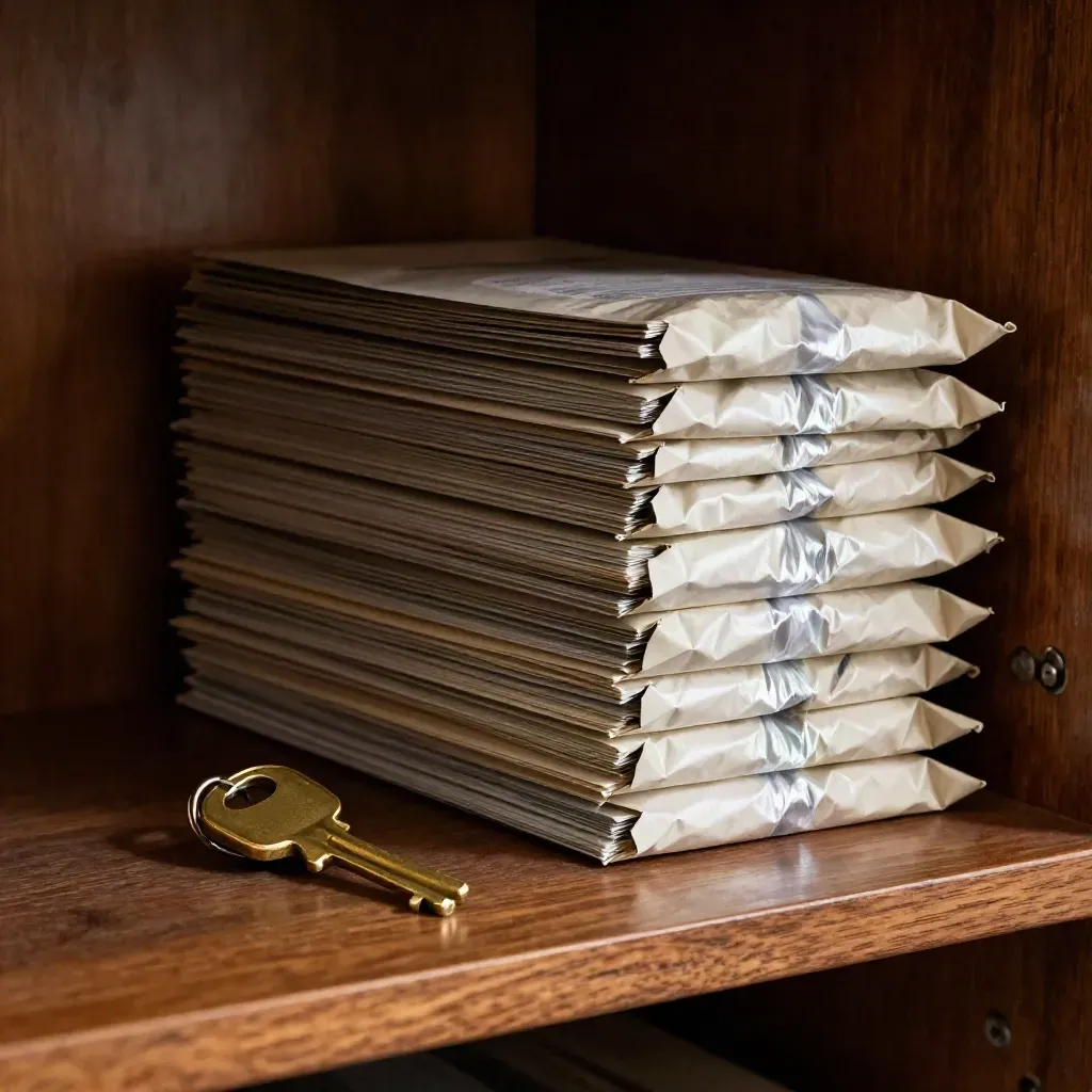Brass key ring, metal mail trays and sealed parcels on a walnut mailroom shelf