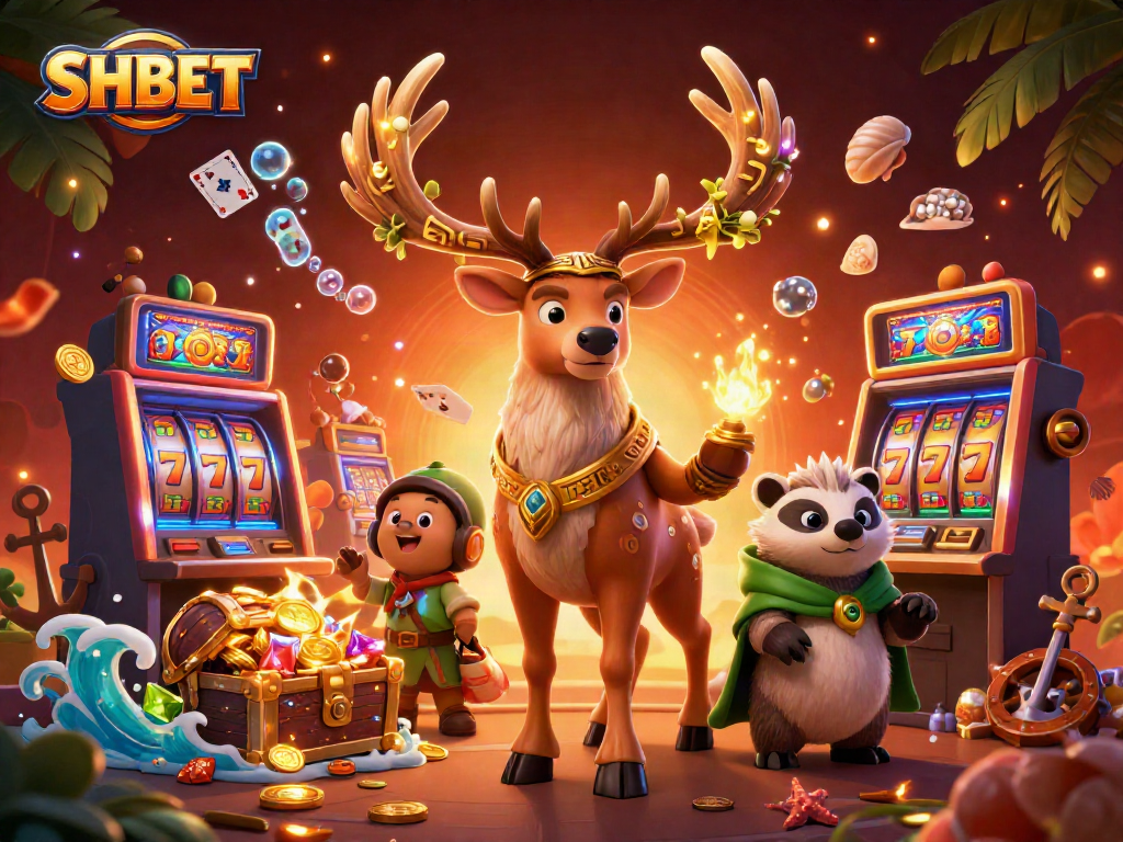 Engage with SHBET's dynamic slots, showcasing vibrant reels and exciting jackpots in a magical casino scene.