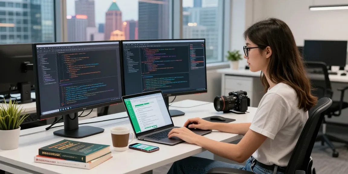 Developer coding WhatsApp下載 interface at modern office workspace