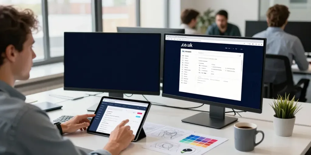 Creative workspace for cheap .co.uk domain registration with designer at desk and dual monitors.