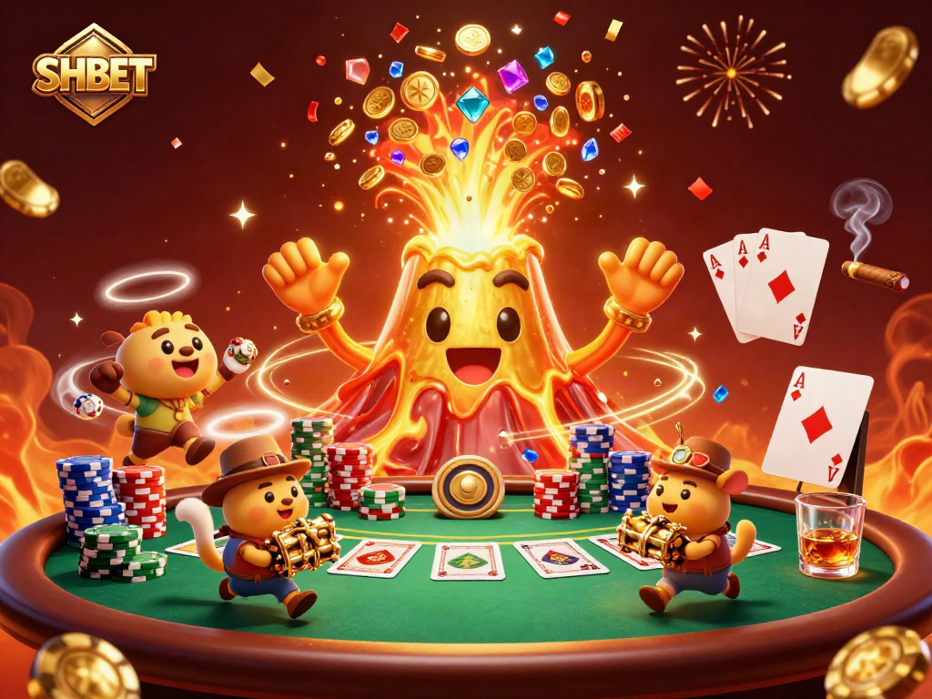 Win big with SHBET at a vibrant casino scene featuring treasure and card games.