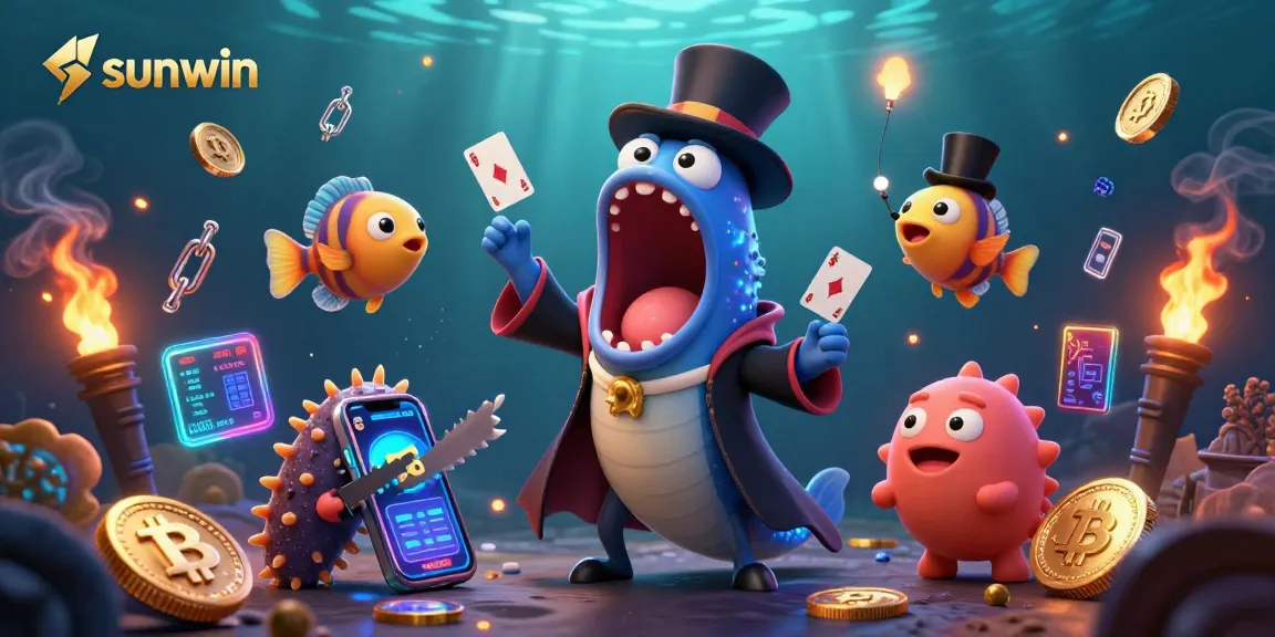 Win big with sunwin's vibrant underwater illustration showcasing gaming excitement.