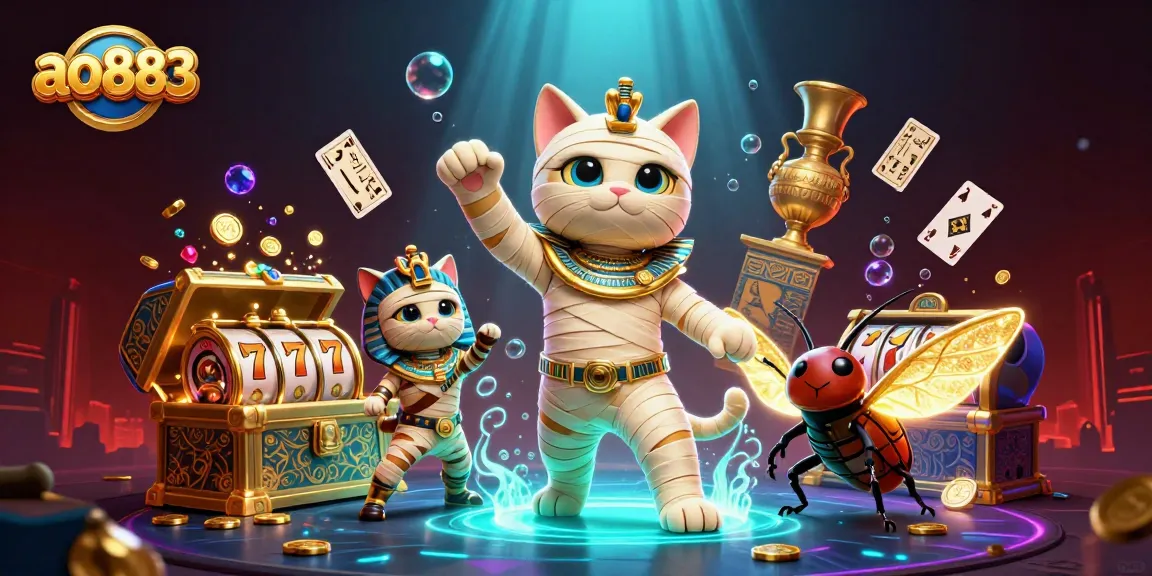 A 3D cartoon Egyptian mummy cat emerges theatrically within a pyramid casino setting alongside a glowing scarab, representing a vibrant gaming experience at ao883.