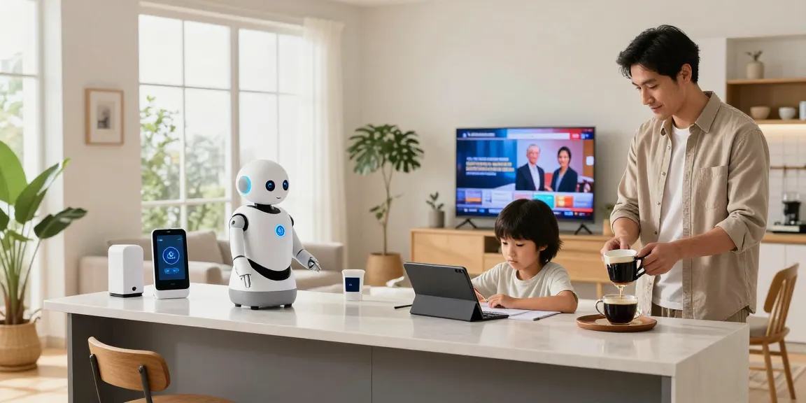 Family interacting with a home robot 2026 in a modern living room, showcasing tech integration in daily life.