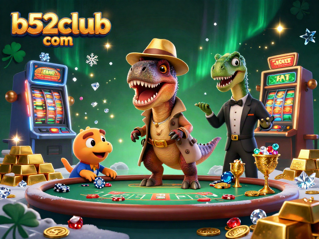 b52club com celebrates casino fun with a velociraptor at a blackjack table amidst dazzling treasures.