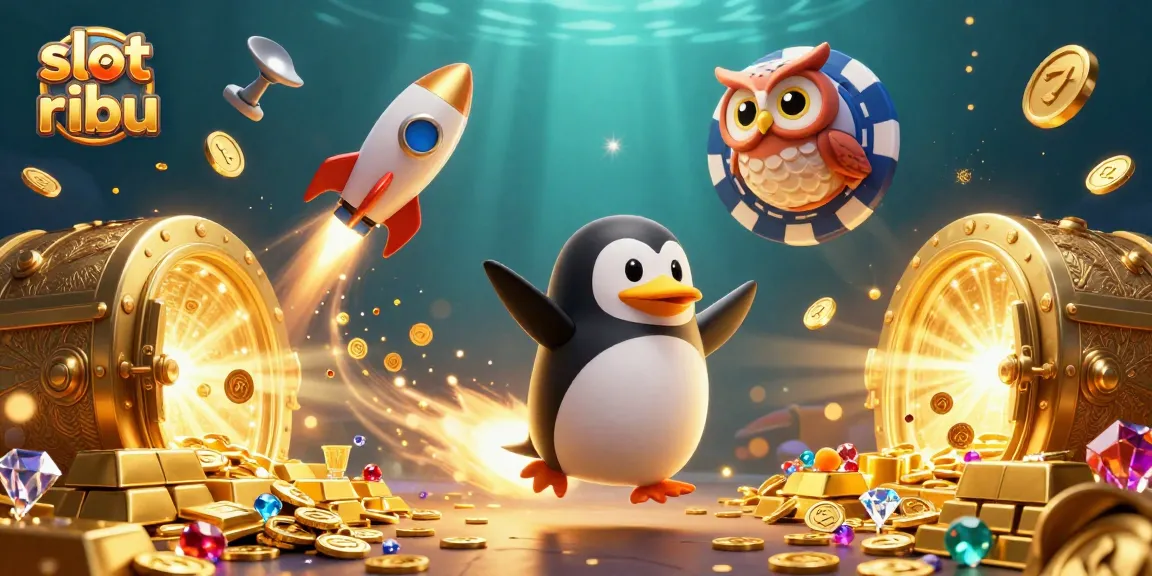 Spin the reels at slot 5 ribu with this vibrant 3D illustration showcasing a golden penguin and treasures.