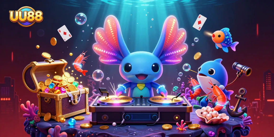 UU88 offers a vibrant underwater casino party scene with a neon-colored axolotl DJ.