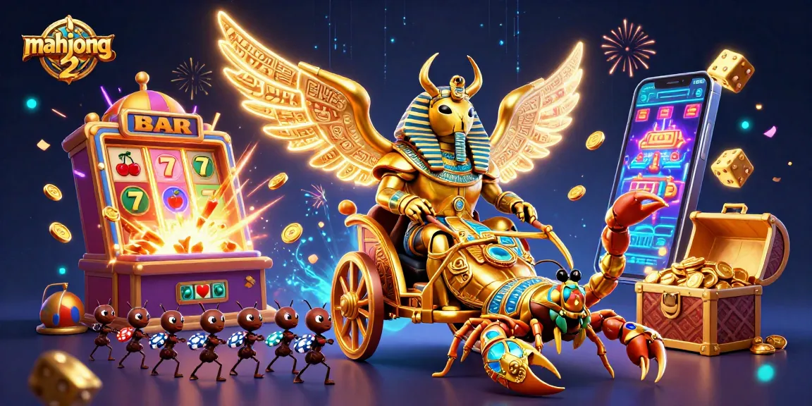 Experience the excitement of mahjong 2 with vibrant 3D visuals featuring a golden scarab and jackpot elements.