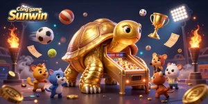 Cổng game Sunwin offers dynamic gaming excitement with a colossal golden tortoise as a pinball machine and sports balls flying in a vibrant casino atmosphere.