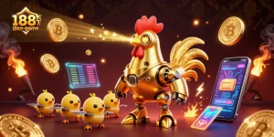 Engage with exciting gameplay at 188m-game, showcasing a golden rooster robot and baby chick drones.
