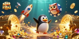 Spin the reels at slot 5 ribu with this vibrant 3D illustration showcasing a golden penguin and treasures.