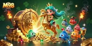 M98 offers an engaging gaming adventure with a mermaid princess riding a seahorse amid treasures.
